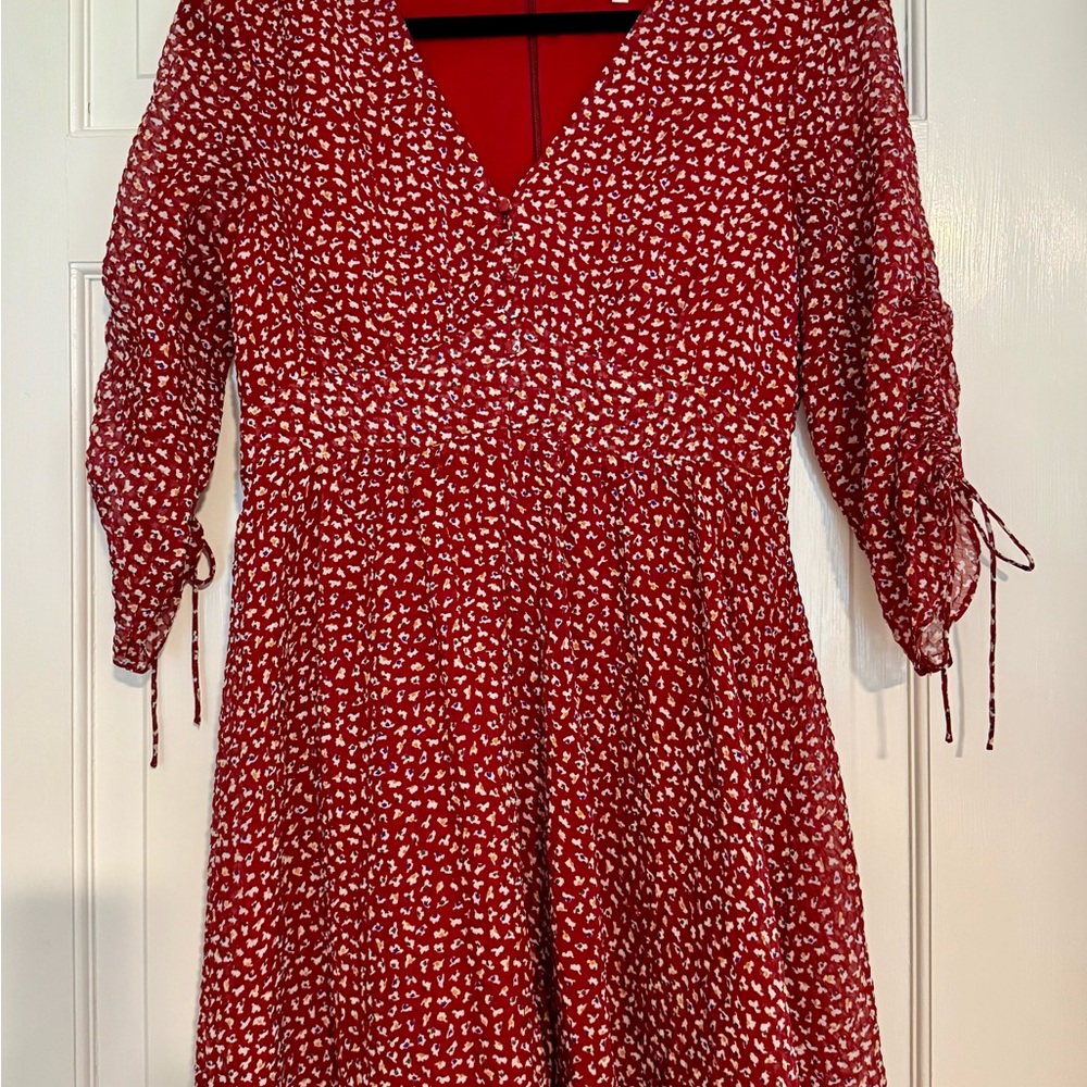 Madewell Red Dress with White and Blue Floral Pattern